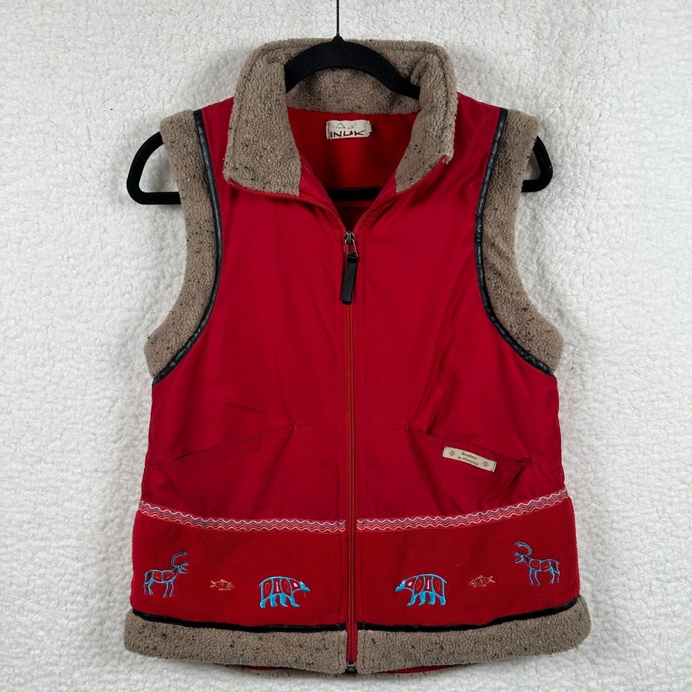 Vtg Inuk Red Fleece Embroidered Vest Polar Bear Inukshuk Sherpa Trim Small S/P